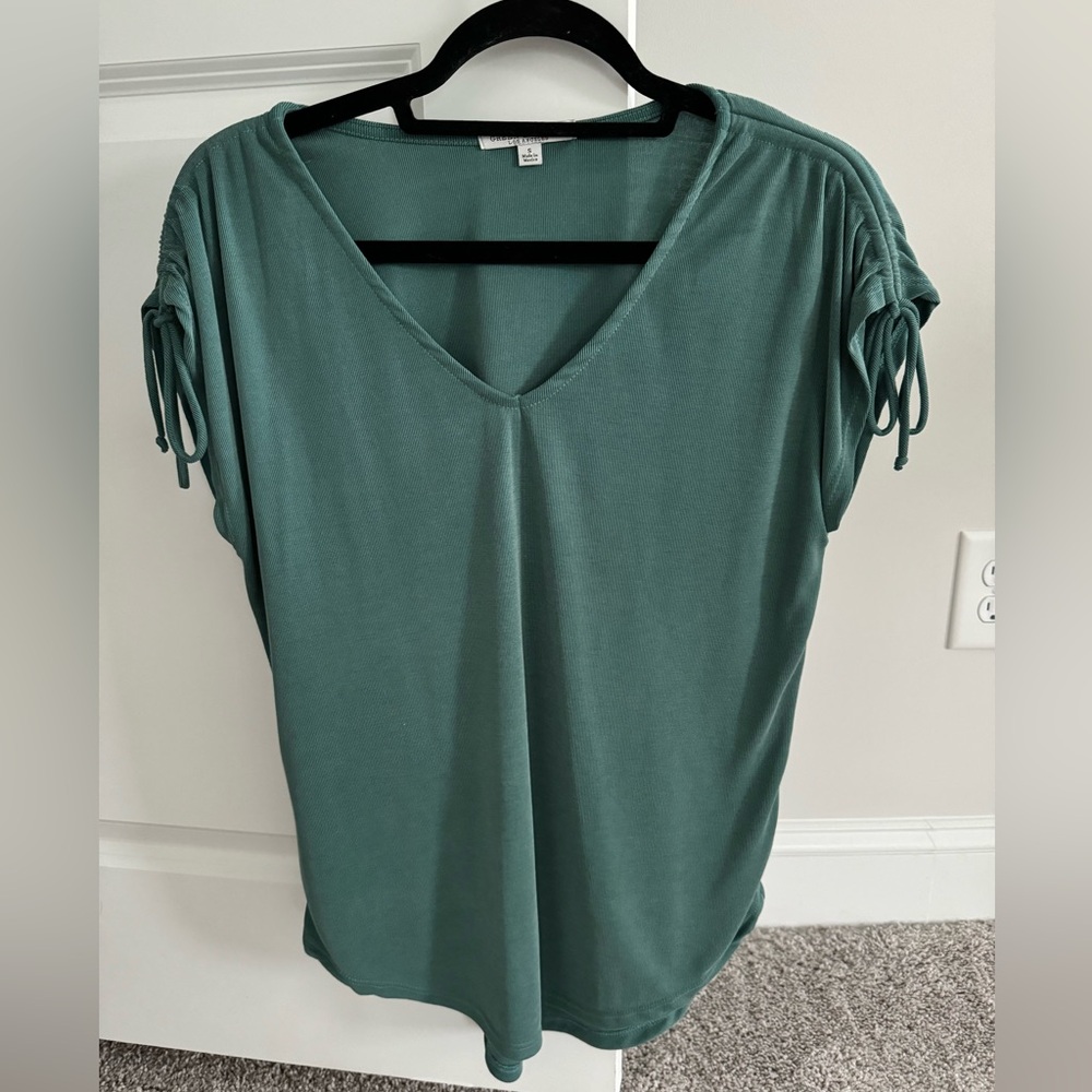 Teal Green Ribbed V-Neck Blouse